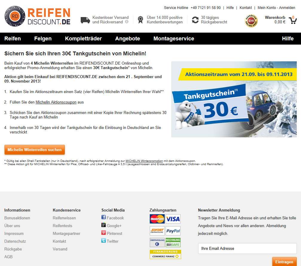 Reifendiscount.de: 30 EUR Tankgutschein beim Kauf von 4 Michelin Winterreifen