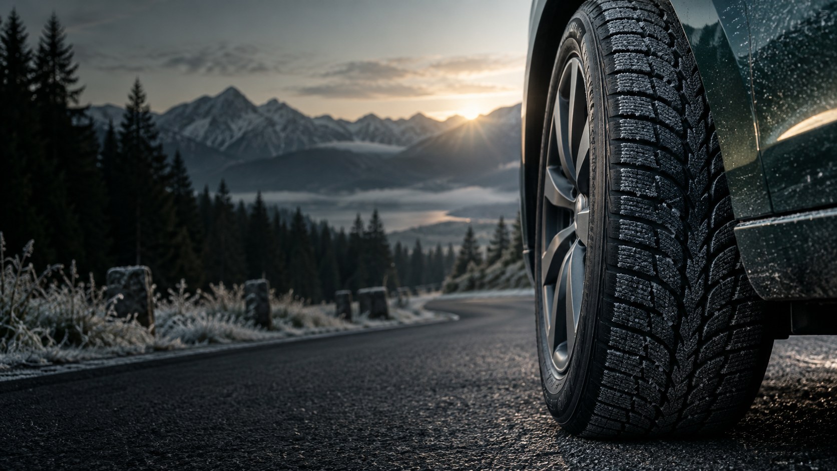 Winterreifen an einem Auto auf einer frostigen Straße am Morgen